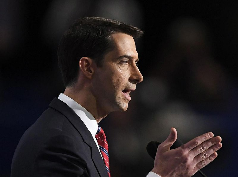 Sen. Tom Cotton, R-Ark., addresses delegates July 18 during the opening day of the Republican National Convention in Cleveland.