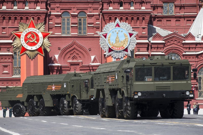 In this file photo taken on Saturday, May 9, 2015, Iskander missile launchers are driven during the Victory Parade marking the 70th anniversary of the defeat of the Nazis in World War II, in Red Square in Moscow. 