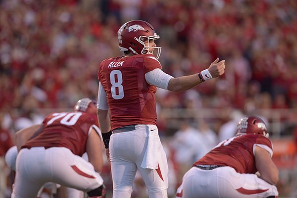 Arkansas quarterback Austin Allen prepares to take a snap during a game against Alabama on Saturday, Oct. 8, 2016, in Fayetteville. 
