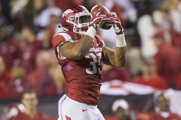 Arkansas linebacker Dwayne Eugene intercepts a pass during a game against Alabama on Saturday, Oct. 8, 2016, in Fayetteville. 