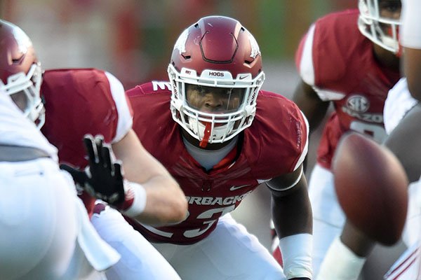Arkansas linebacker Dre Greenlaw prepares for a snap during a game against Alabama on Saturday, Oct. 8, 2016, in Fayetteville. 
