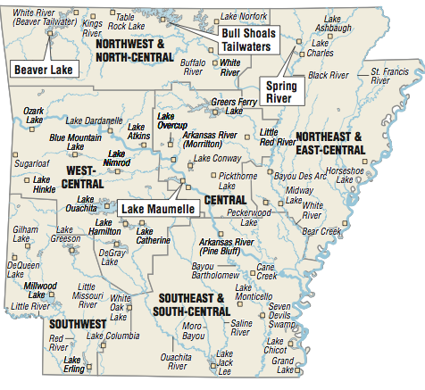 A map showing the location of Arkansas fishing spots.