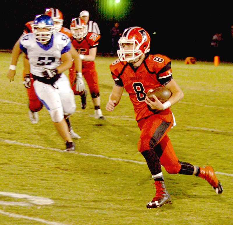 MARK HUMPHREY ENTERPRISE-LEADER Farmington junior Javan Jowers took a short screen pass 33 yards on the final play of the first half before getting tackled at the Greenbrier 18. The Cardinals lost Friday&#8217;s Homecoming contest, 41-14.