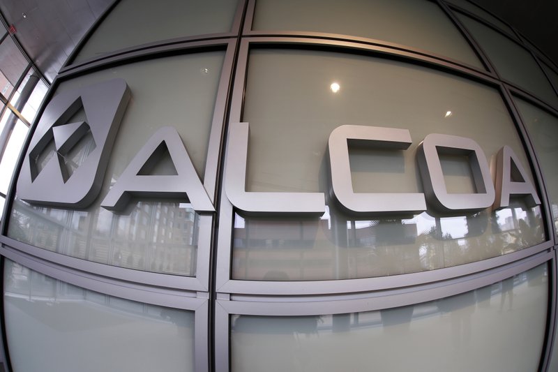 FILE - This April 7, 2014, file photo shows the Alcoa logo in the lobby of the company's headquarters in Pittsburgh. On Tuesday, Oct. 11, 2016, Alcoa reports financial results. (AP Photo/Gene J. Puskar, File)