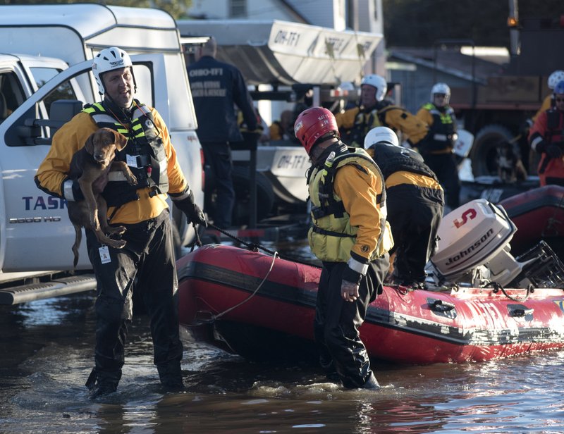 A swift water rescue team member holds a dog that was recused from floodwaters caused by rain from Hurricane Matthew in Lumberton, N.C., Monday, Oct. 10, 2016. (AP Photo/Mike Spencer)