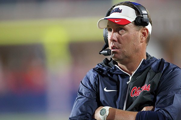 Mississippi head coach Hugh Freeze looks on against Memphis during their NCAA football game at Vaught-Hemingway Stadium in Oxford, Miss., Saturday, Oct. 1, 2016. No. 16 Mississippi won 48-28. (James Pugh/The Laurel Chronicle, via AP)

