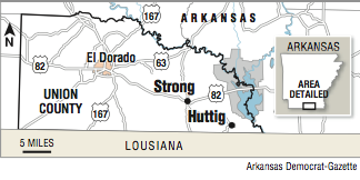 A map showing the Strong-Huttig school district