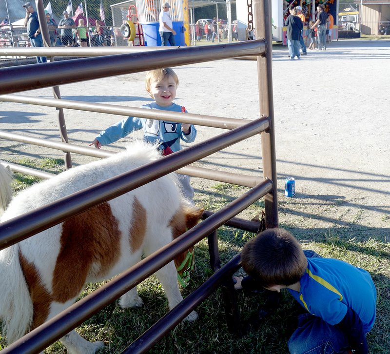 Rita Greene/McDonald County Press Lyric Patterson, on the right, tries to pet a pony while his little brother, Jax Patterson, is having fun just watching. The children at the Ozark Orchard Festival Saturday in Goodman loved this petting zoo.