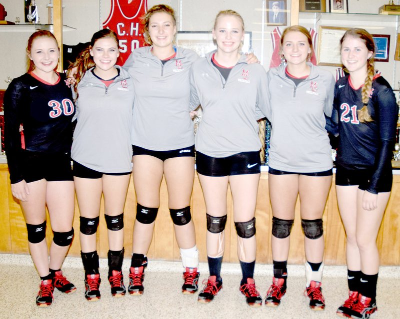 PHOTO BY RICK PECK McDonald County High School honored the senior members of the 2016 Lady Mustang volleyball team prior to their 25-16, 25-16 win over Seneca on Oct. 4 at MCHS.