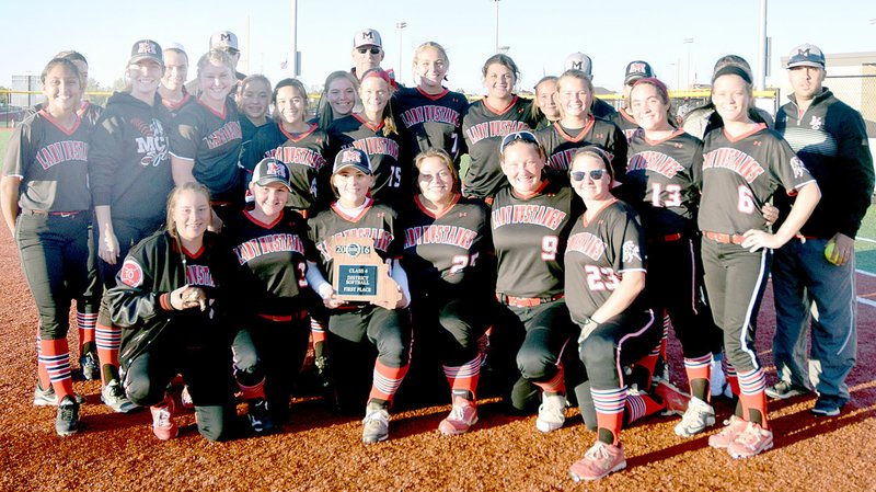 PHOTO BY RICK PECK The McDonald County High School Lady Mustang softball team won the Missouri Class 4 District 12 Softball Tournament on Friday with a 1-0 win over Republic at Joplin High School.