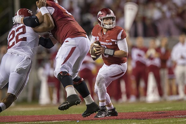 Arkansas quarterback Austin Allen looks to pass during a game against Alabama on Saturday, Oct. 8, 2016, in Fayetteville. 