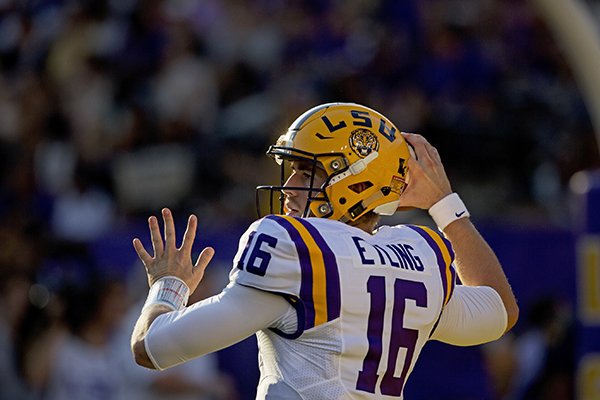 LSU quarterback Danny Etling (16) warms up before an NCAA college football game against Missouri in Baton Rouge, La., Saturday, Oct. 1, 2016. (AP Photo/Max Becherer)

