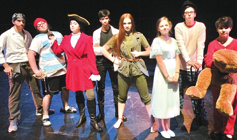 Searcy High School will present Peter Pan and Wendy on Thursday and Saturday at the Searcy High School Performing Arts Center. Among the cast members are, from left, Nathan Sawyer as Starkey, Connor Fredieu as Smee, Addison Harbour as Captain Hook, Carlos Chenna as Noodler, Eden Ballew as Peter Pan, Jamie Hall as Wendy, Caleb Raper as John and Rayne Sardin as Michael.