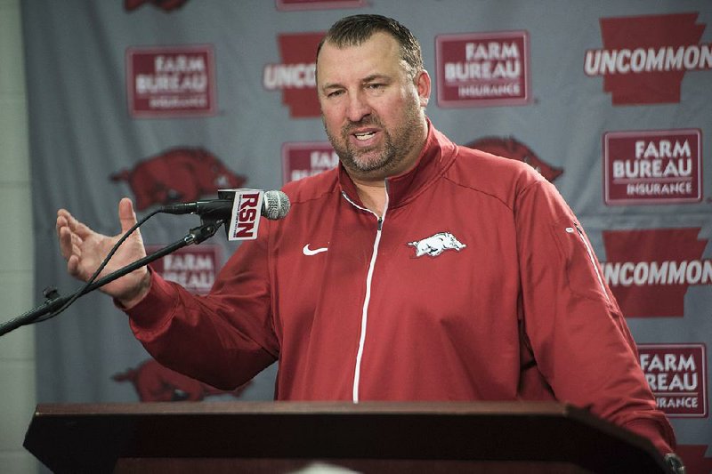 NWA Democrat-Gazette/J.T. WAMPLER Arkansas football head coach Bret Bielema talks Sunday Dec. 6, 2015 about the Razorbacks' invitation to attend the Liberty Bowl in Memphis playing against Kansas State. The hogs won five of their last six games to become bowl eligible.