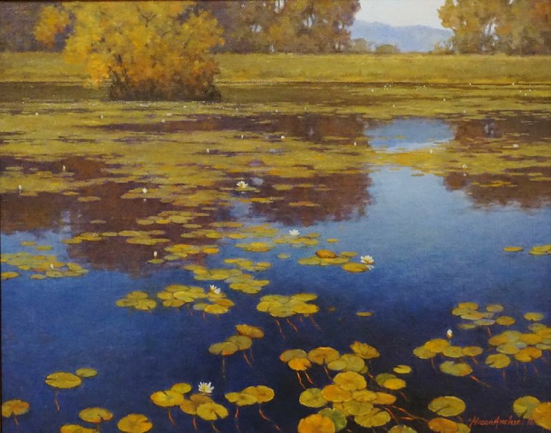 Mason Archie blends realism and impressionism on this oil on linen painting titled Water Lillies. It hangs at Hearne Fine Art. 