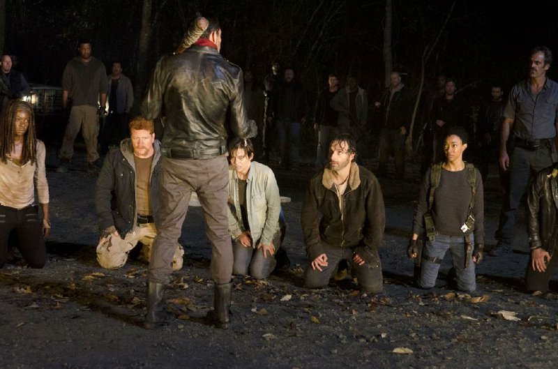 Negan (Jeffrey Dean Morgan) selects a victim in the Season 6 finale of The Walking Dead. Among those on their knees awaiting their fate are (from left) Michonne (Danai Gurira), Abraham (Michael Cudlitz), Maggie (Lauren Cohan), Rick (Andrew Lincoln) and Sasha (Sonequa Martin-Green).
