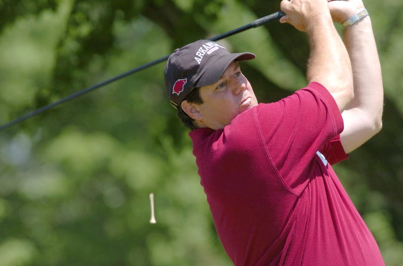 File photo/ANDY SHUPE Former St. Louis Cardinal catcher and Arkansas standout Tom Pagnozzi tees off at a previous Pagnozzi Charity Golf Tournament.