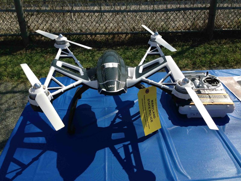 Maryland prison officials display a drone used in a smuggling operation at one of the state’s prisons. The craft could deliver 10-ounce packets of drugs, cellphones or pornographic DVDs. 