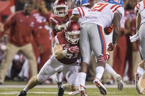 Arkansas linebacker Brooks Ellis makes a tackle during a game against Ole Miss on Saturday, Oct. 15, 2016, in Fayetteville. 