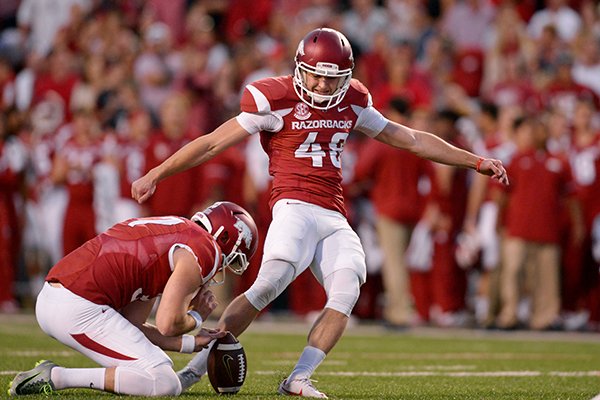 Arkansas kicker Adam McFain approaches the ball during a game against Ole Miss on Saturday, Oct. 15, 2016, in Fayetteville. 