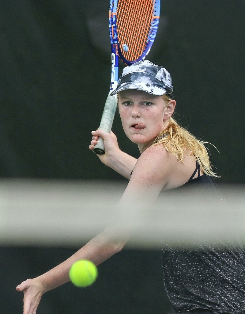 Bentonville’s Brooke Killingsworth defeated Mount St. Mary’s Presley Southerland 3-6, 7-5, 6-2 Tuesday to win the Class 7A girls state championship at Rebsamen Tennis Center in Little Rock on Monday.
