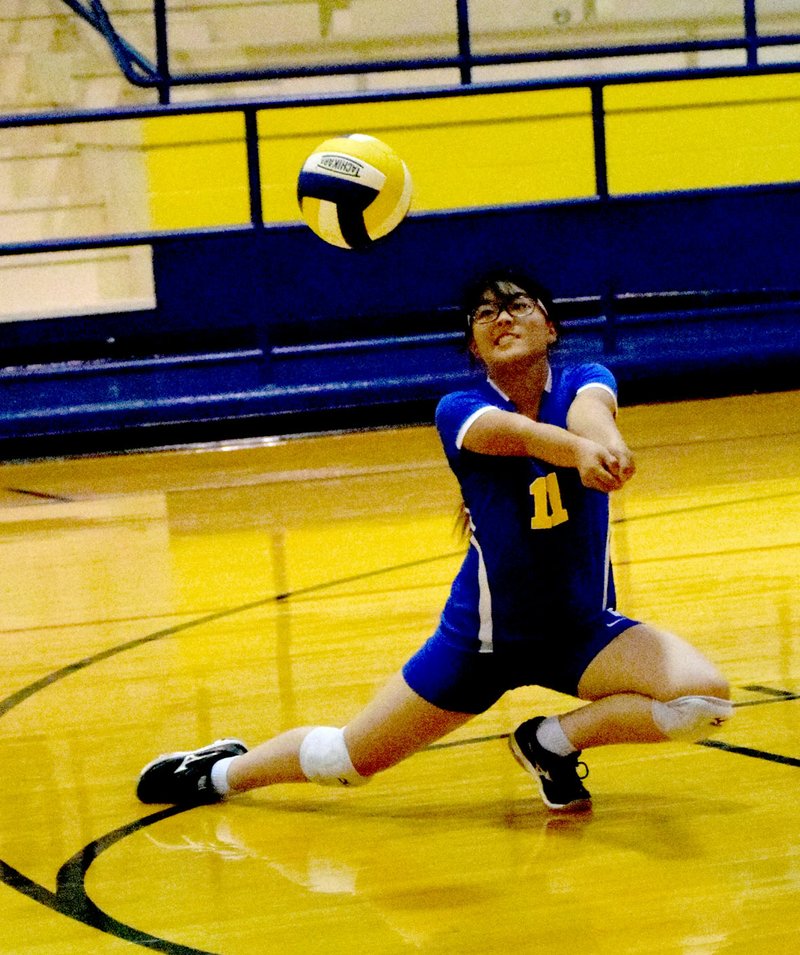 Photo by Mike Eckels Shaney Lee (Decatur 11) goes to her knees to intercept a Tiger serve during the Bulldogs&#8217; final season match against Prairie Grove at Peterson Gym in Decatur Oct. 11. Decatur was defeated in three straight set by Prairie Grove, 25 to 9, 25 to 10, and 25 to 16.