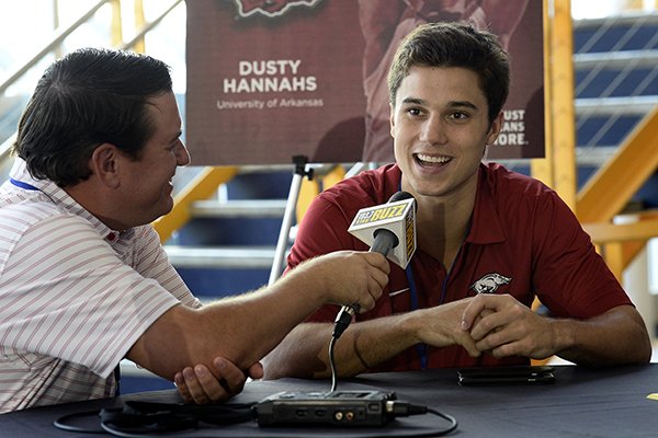 Arkansas guard Dusty Hannahs answers a question during the Southeastern Conference men's NCAA college basketball media day, Wednesday, Oct. 19, 2016, in Nashville, Tenn. (AP Photo/Mark Zaleski)

