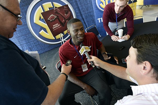 Arkansas forward Moses Kingsley answers a question during the Southeastern Conference men's NCAA college basketball media day, Wednesday, Oct. 19, 2016, in Nashville, Tenn. (AP Photo/Mark Zaleski)

