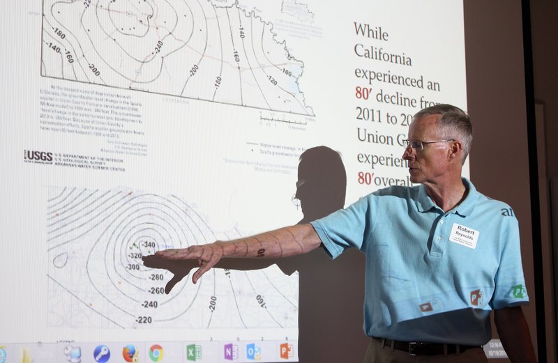 Rising aquifer levels: Robert Reynolds, volunteer advisor and a founding and former member of the Union County Water Conservation Board, explains the groundwater level change to the Sparta since measures have been taken to conserve the aquifer. Union County experienced an 80-foot overall groundwater level rise between 1998 and 2013.