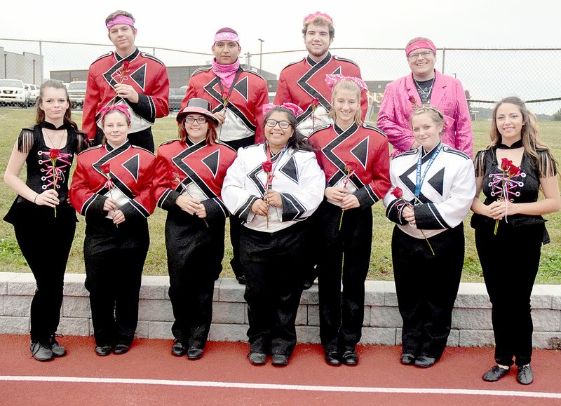 PHOTO BY RICK PECK McDonald County High School honored the senior members of the 2016 Mustang marching band prior to the Mustangs football game against Aurora on Oct. 14 at MCHS. Band seniors (not in order): Brantley Allen, Amy Ledford, Arianda Morales, CeCe DiGiovanni, Gerardo Gonzales, Jesse Williams, Brandon Howell, Cameryn Taylor, Mary Smith, Felicity Bowman and Cailet Bowman.