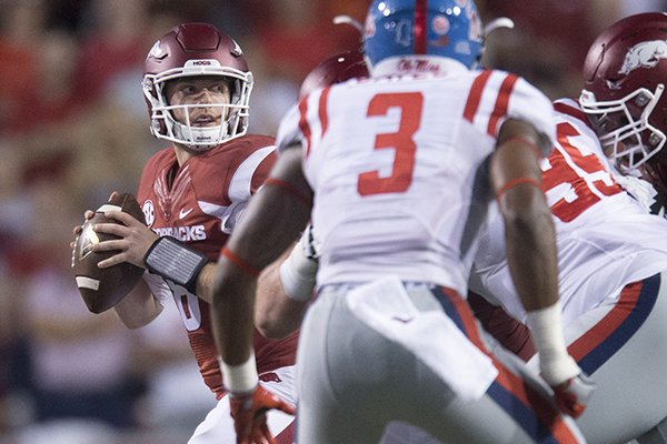 Arkansas quarterback Austin Allen throws a pass during a game against Ole Miss on Saturday, Oct. 15, 2016, in Fayetteville. 