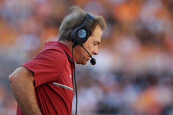Alabama head coach Nick Saban is seen during the first half of an NCAA college football game against Tennessee Saturday, Oct. 15, 2016, in Knoxville, Tenn. (AP Photo/Wade Payne)

