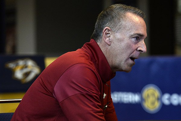 Arkansas coach Jimmy Dykes answers a question during the Southeastern Conference women's NCAA college basketball media day, Thursday, Oct. 20, 2016, in Nashville, Tenn. (AP Photo/Mark Zaleski)

