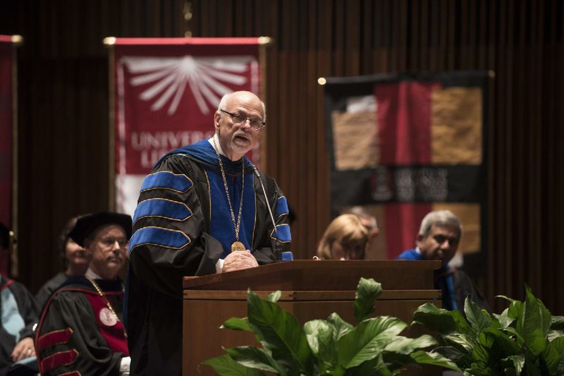 University of Arkansas Chancellor Joseph E. Steinmetz speaks Thursday after he was formally vested with the symbols and ornaments of his position during a traditional ceremony in Fayetteville.