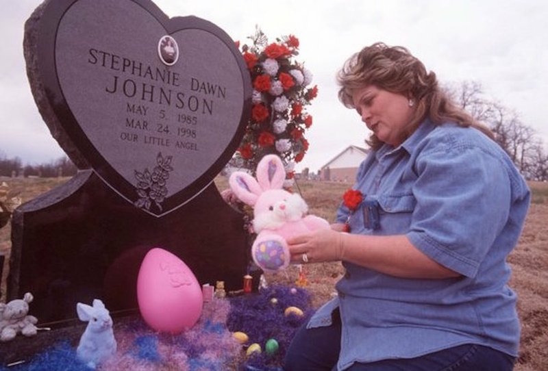 In this file photo, Tina McIntyre decorates her daughter Stephanie Johnson's grave with Easter accessories including a pink bunny which she said she never had the opportunity to give to her daughter before she was shot to death outside Westside Middle School in March of 1998.