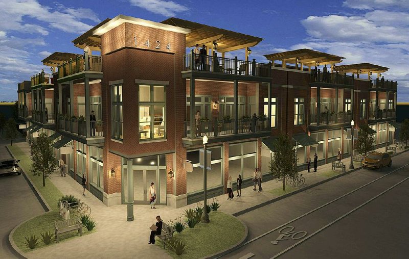 A two-story development including retail and residential space, shown in this artist’s rendering, is being considered for 1424 S. Main St. in Little Rock, presently the site of a laundromat. 