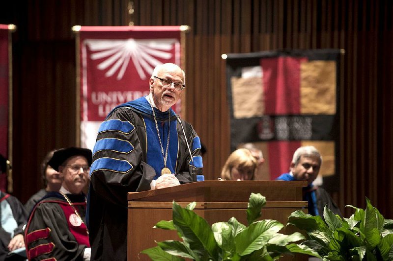 University of Arkansas Chancellor Joe Steinmetz speaks after he was formally vested with the symbols and ornaments of his position during a traditional investiture ceremony Thursday in Fayetteville. 