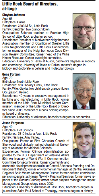 Little Rock Board of Directors, at-large, candidate biographies.