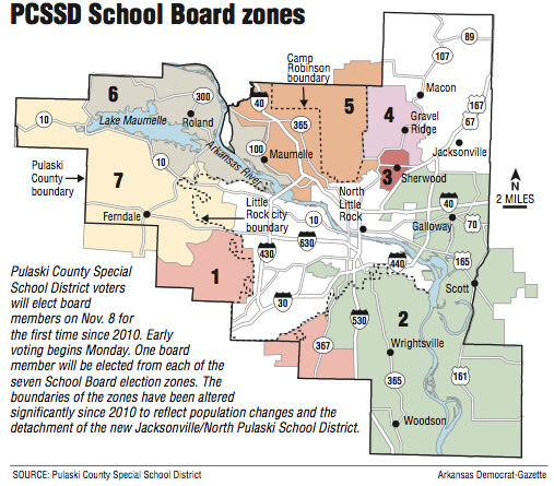 A map showing the Pulaski County Special School District School Board zones.