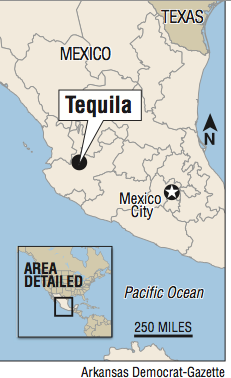 A map showing the location of Tequila, Mexico.