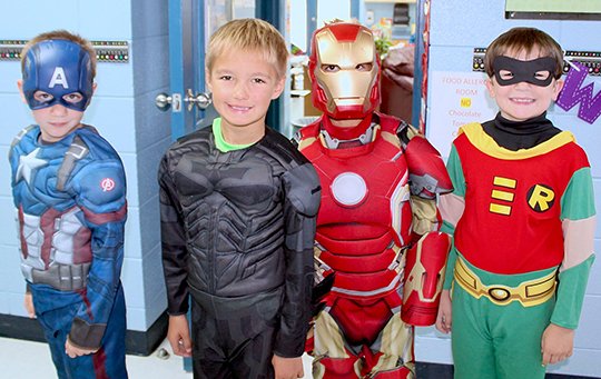 Submitted photo Magnet Cove Elementary School second-graders, from left, Truett Scott, Jake Lawrence, Hayden Jones and Braxton Ballentine showed their Panther spirit by dressing up for Super Hero Day during Magnet Cove Spirit Week.