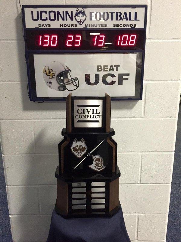 Connecticut football Coach Bob Diaco wanted to spark a rivalry, and even constructed a trophy. Problem is, no
one told Central Florida, who forgot the trophy after Saturday’s game.