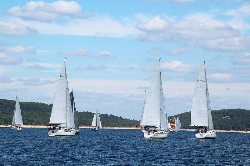 The Beaver Lake Sailing Club fleet, with full sails, glides across the lake’s dark blue waters, racing down the final stretch.
