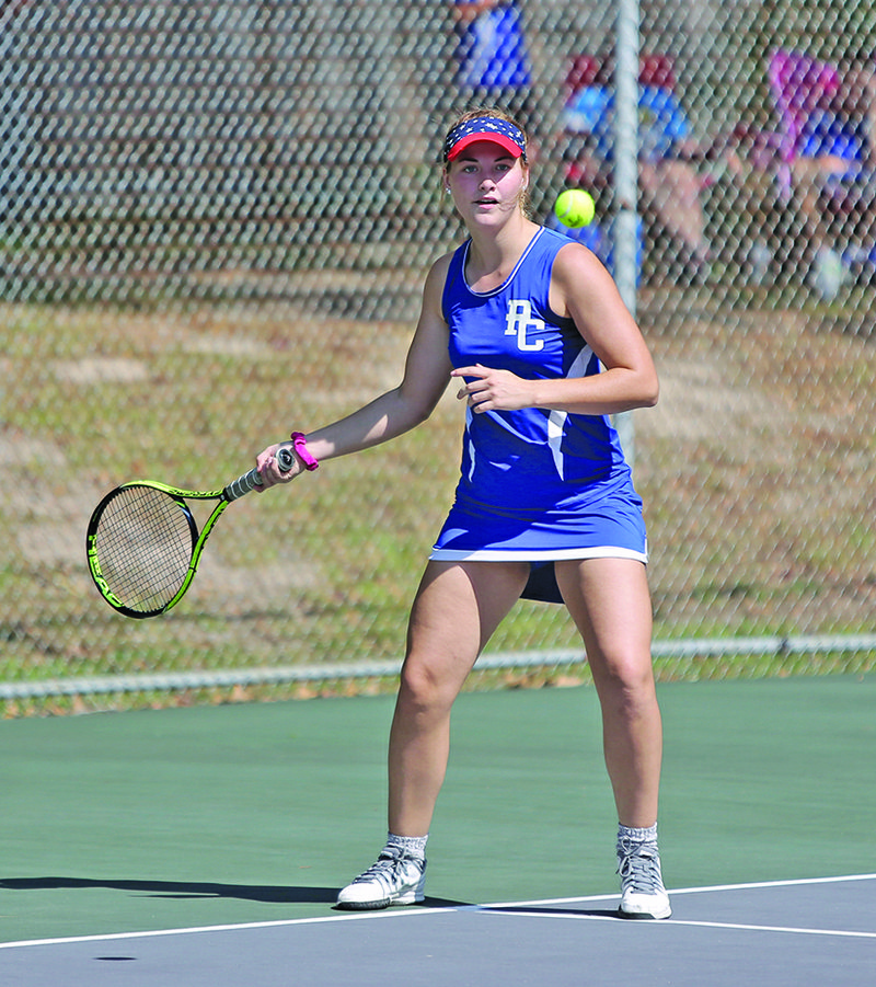 Parkers Chapel's Bailey Norwood returns a shot in the 2A girls doubles final. Norwood and Allison Rogers will compete in their second Overall Tennis Tournament Wednesday at Burns Park in Little Rock.