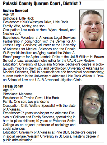 Pulaski County Quorum Court, District 7 candidate biographies.