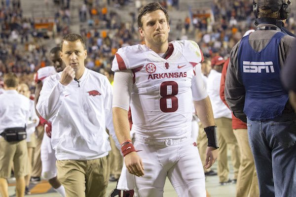 Arkansas quarterback Austin Allen (8) walks back to the locker room on Saturday, Oct. 22, 2016, during the fourth quarter against Auburn at Jordan-Hare Stadium in Auburn, Ala.