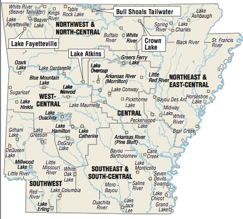 A map showing the location of Arkansas fishing spots.
