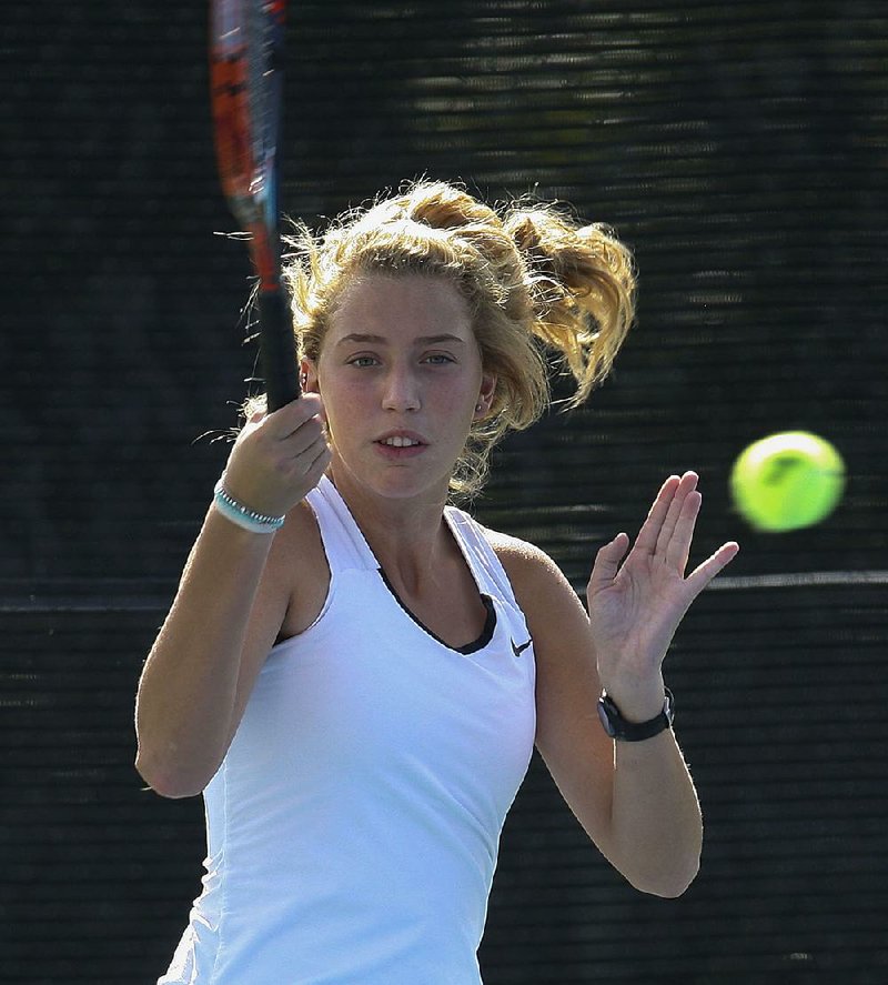 Thea Rice of Hot Springs Lakeside defeated Vanessa Salinas of Haas Hall Fayetteville 6-0, 6-0 on Wednesday at the Overall state tennis tournament in North Little Rock. Rice advances to play Bentonville’s Brooke Killingworth in today’s semifinals. 