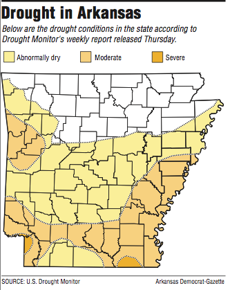 A map showing drought conditions in Arkansas.