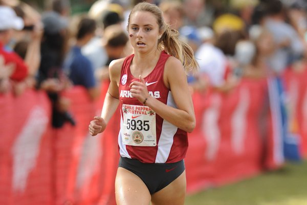 Arkansas' Devin Clark comes into the finish line Saturday, Oct. 1, 2016, during the 28th annual Chile Pepper Cross Country Festival at Agri Park in Fayetteville.